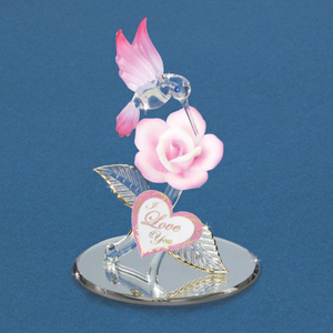 Glass Baron "I Love You" Hummingbird with Pink Rose Glass Figurine