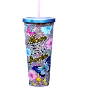 Mom You Make the World Sparkle Butterfly Glitter Cup 32 Oz.