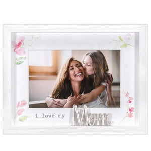 I Love My Mom Floral Matted Rustic White Wood Picture Frame with Metal Word Attachment Holds 4"x6" Photo