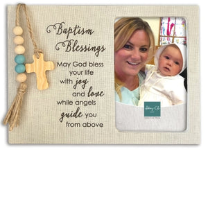 Baptism Fabric Frame with Blue & Natural Beads, Cross, Easel & Hanger