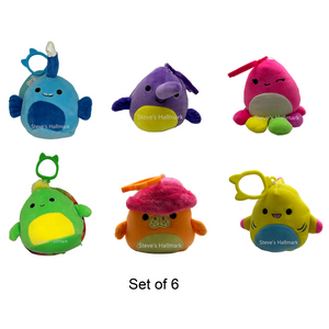 Set of 6 Squishmallows Neon Sealife 3.5" Clip Stuffed Plushies including Manatee, Angler Fish, Swordfish, Octopus, and Shark by Kelly Toy Jazwares