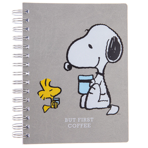 Peanuts Snoopy & Woodstock But First Coffee Spiral Vegan Leather Journal 6"x8"
