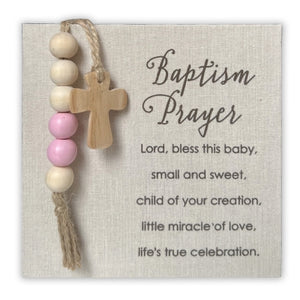 Baptism Prayer Square Plaque with Boxed Pink & Natural Beads, Cross & Hanger