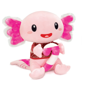 10.5" Pink Sitting Axolotl in Ugly Sweater Holding Candy Cane Christmas Stuffed Plush
