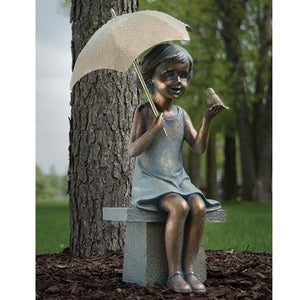 17.25" Girl on Bench with Umbrella and Bird Garden Statue