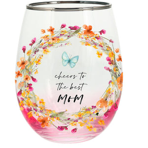 Meadows of Joy Butterfly Floral 20 oz. Stemless Wine Glass Cheers to the Best Mom