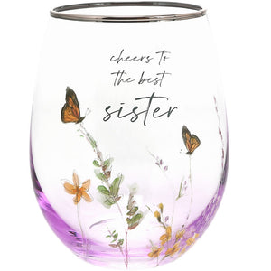 Meadows of Joy Butterfly Floral 20 oz. Stemless Wine Glass Cheers to the Best Sister