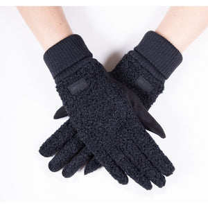 Fuzzy Faux Lamb Wool Cuffed Fashion Texting Gloves in Black