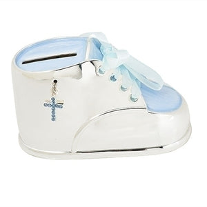 Baby Boy's Blue Shoe Bank with Jeweled Cross and Ribbon Laces