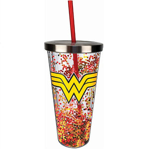 Spoontiques Wonder Woman Logo Glitter Cup w/Straw