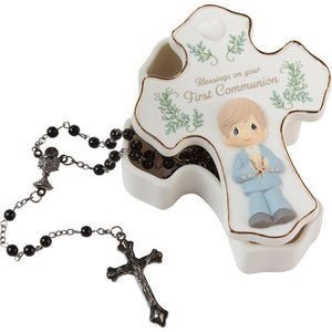 Precious Moments Blessings On Your First Communion Cross-shaped Boy Rosary Box with Black Beaded Rosary and Metal Cross