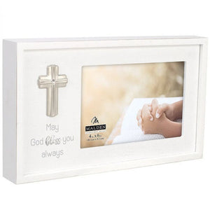 May God Bless You Always White Picture Frame with Silver Cross Holds 4" x 6" Photo
