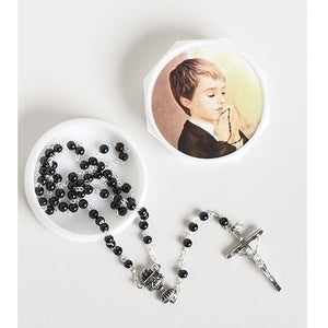 First Communion Black Bead Rosary in Round Gift Box for Boy