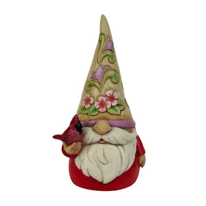 Jim Shore Gnome with Spring Floral Hat Holding a Cardinal Bird "Redbird Beauty" Figurine 