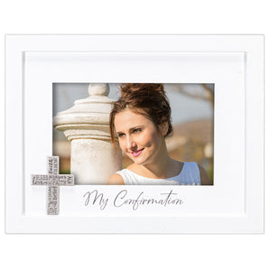My Confirmation White Picture Frame with Silver Sentiment Cross Holds 4" x 6" Photo