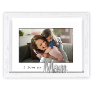 I Love My Mom Rustic Matted Picture Frame with Metal Word Attachment Holds 4"x6" Photo