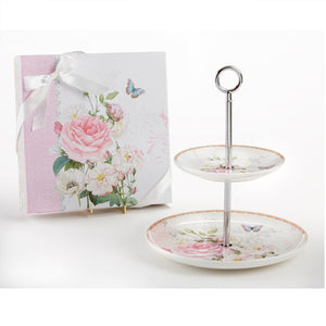 11" Porcelain 2-Tier Dessert Stand Pink Rose and Butterfly in Gift Box