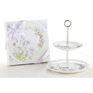 11" Porcelain 2-Tier Dessert Stand Lavender Rose in Gift Box