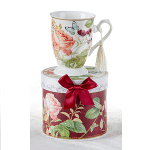 Porcelain Tea Mug Burgundy Peony in Gift Box