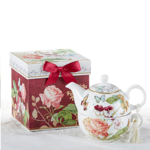 Porcelain Tea for One Burgundy Peony in Gift Box
