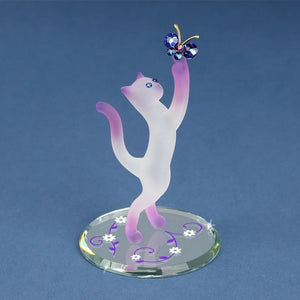 Frosted White and Pink Princess Cat with Crystal Butterfly Glass Figurine
