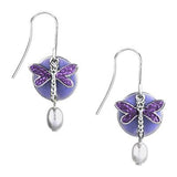 Silver Forest Earrings Silver Purple Dragonfly White Bead