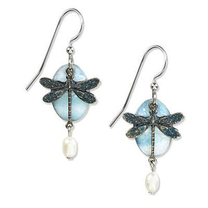 Silver Forest Earrings Silver Blue Dragonfly White Bead