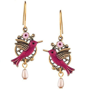 Silver Forest Red Hummingbird Drop 18K Plated Earrings