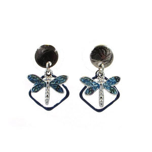 Silver Forest Earrings Silver Black with Blue Dragonfly on Open Diamond