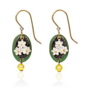 Silver Forest Earrings White Daisy Flower on Green Oval with Yellow Bead