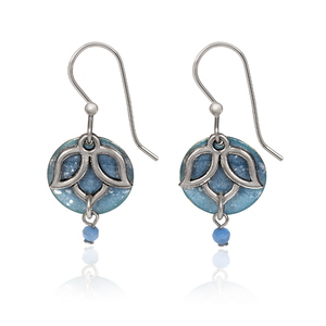 Silver Forest Earrings Enlightened Open Lotus Flower on Blue Disc