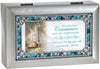 First Communion Joy of Gods Love Brushed Silver Blue Jeweled Petite Music Box Plays Jesus Loves Me 
