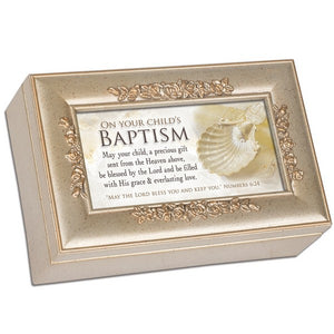 On Your Child's Baptism Woodgrain Petite Rose Keepsake Music Box Plays Amazing Grace