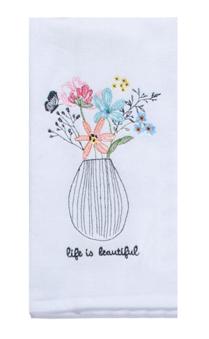 Life is Beautiful Flower Vase Embroidered Dual Purpose Terry Towel