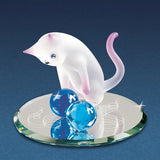 Frosted White and Pink Curious Cat Looking at Blue Marbles Glass Figurine