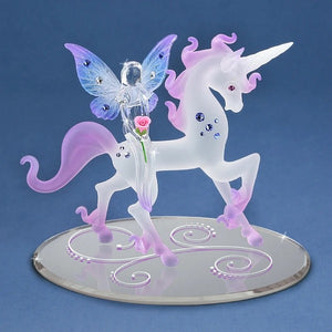 Frosted White and Pink Unicorn with Riding Fairy Glass Figurine